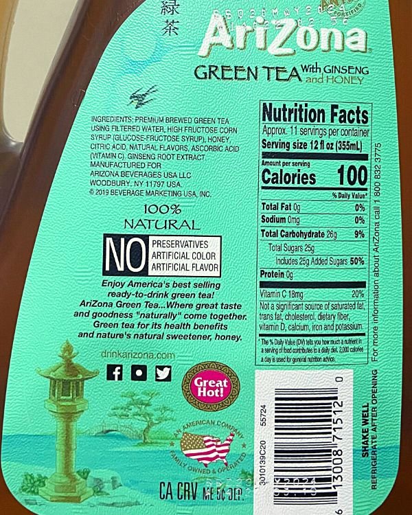 Arizona Green Tea with Ginseng and Honey Ingredients and Nutrition