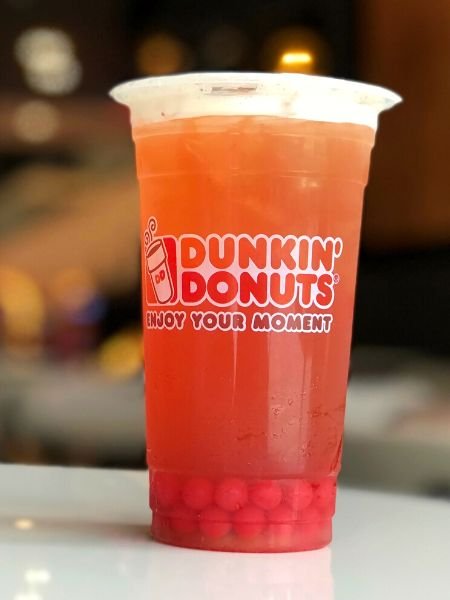 Dunkin' Donuts iced tea with strawberry popping bubbles
