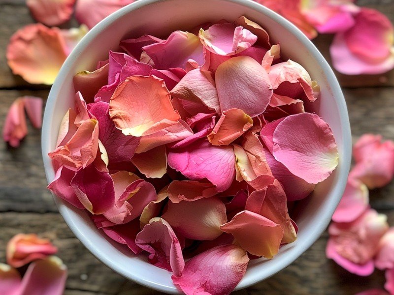 fresh rose petals in a bowl
