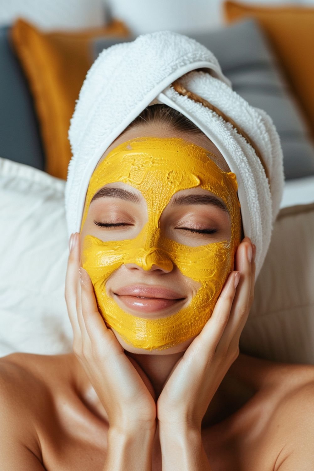 a woman with a homemade chamomile honey face mask
