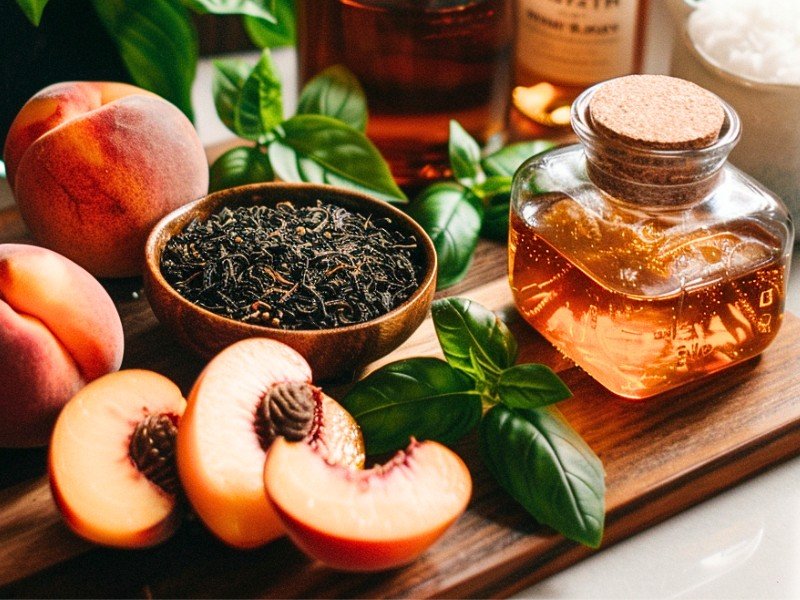 loose leaf black tea in a jar, fresh peaches on a plate, basil, bourbon bottle, and maple syrup